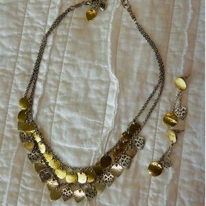 Brighton Deco Two Tone Hammered Disc Heart Charm Necklace & Earrings